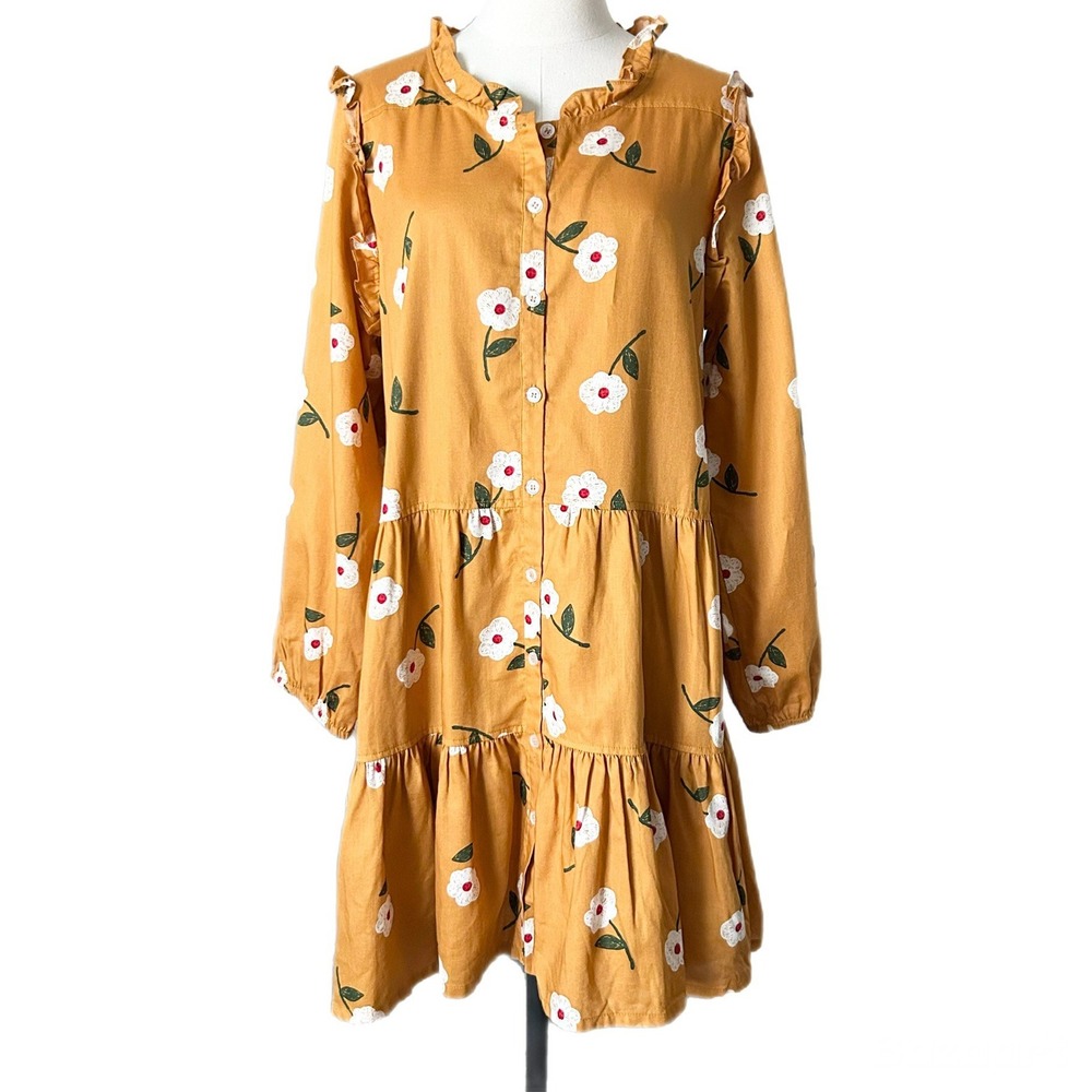 NEW Pink Chicken Kalani Mini Dress 100% Cotton Gold Flower Ruffle Tiered Large